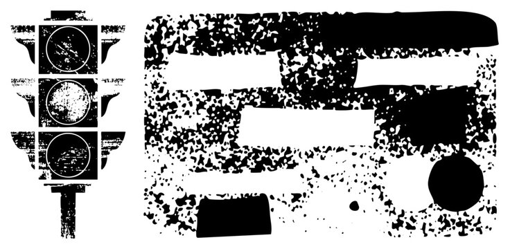 This gritty urban set features a weathered stoplight and various textured blocks. The, or road light, a heavy halftone grain alongside rough stencil style shapes.