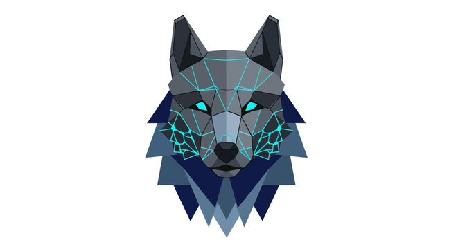 Geometric Wolf Head Illustration with Glowing Digital Eyes.