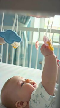 Baby reaching for colorful crib mobile, soft morning light fills nursery with pastel curtains, tiny hand grasps plush cloud and star, focused expression, sensory play and early motor