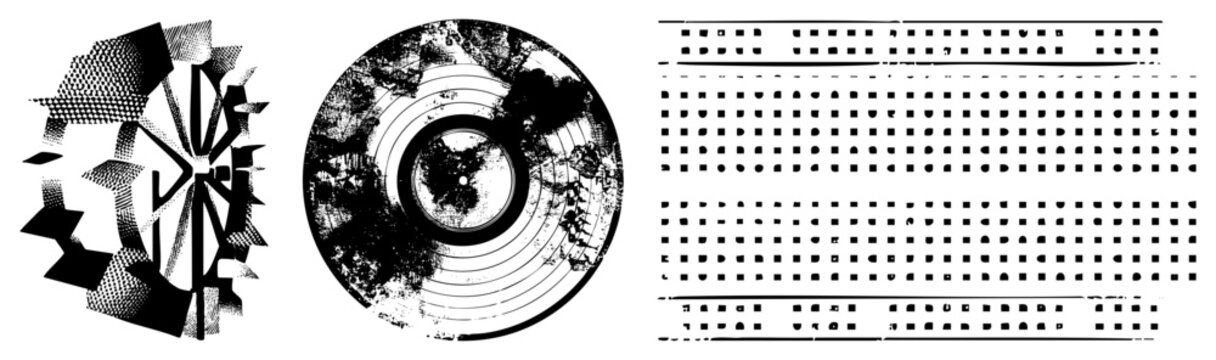 This distressed disc features heavy grunge textures and a weathered look. The set includes a warped phonograph platter alongside distorted halftone shapes and rhythmic dot.