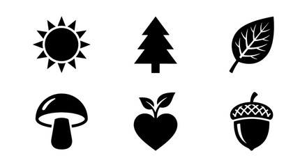 Nature Icons Set: Sun, Tree, Leaf, Mushroom, Heart Plant, Acorn, Vector Graphics © Salman