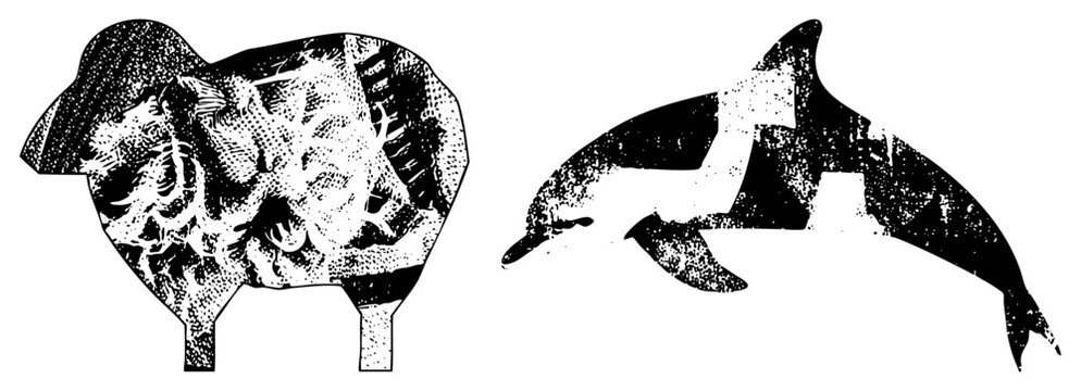 This distressed duo features a textured ewe and a jumping porpoise. These rough edged animal shapes use a heavy halftone stipple effect for a worn, vintage aesthetic.