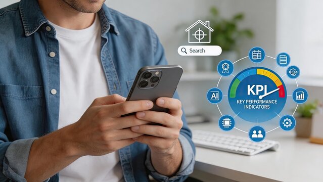 Man holding smartphone with KPI key performance indicators dashboard analytics gauge chart AI technology icons, business data monitoring mobile app interface for management and