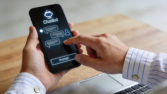 Person using smartphone chatbot application with artificial intelligence interface, prompt input field and messaging bubbles for automated customer support communication