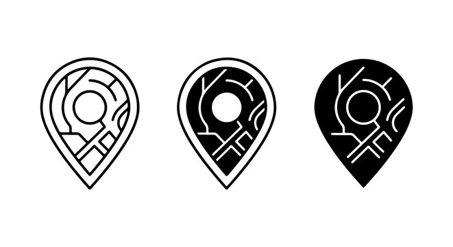 Location Pin Icons Set, Map Pointer Symbols, Navigation Markers, GPS Geolocation Icons, Vector Graphics for Travel and Business Applications