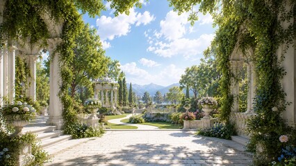 Fototapeta premium Elegant Classical Garden Courtyard With Flowers Greenery And Mountain View Background