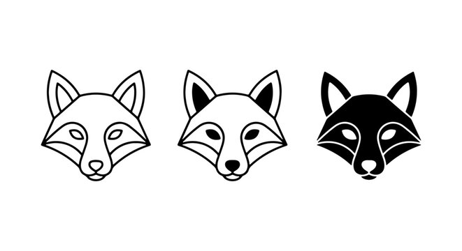 Set of Three Fox Head Icons, Stylized Animal Faces in Outline, Silhouette, and Filled Black Vector Graphics for Wildlife and Nature Designs