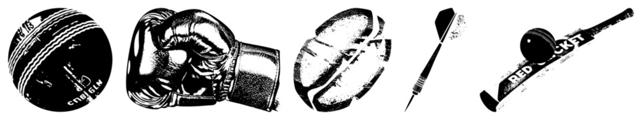 Fototapeta premium Collection of athletic gear featuring a cricket ball, boxing gloves, a coffee bean, a dart, and a hockey stick. These gritty sports implements and bean show a heavy halftone stencil style.