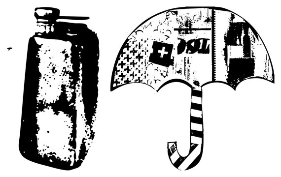 Gritty vintage canteen and folding umbrella featuring a weathered stencil style. This rugged mess kit and rain shield duo shows heavy texture and high contrast.