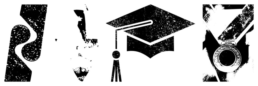 Weathered graduation cap, often called a mortarboard or academic bonnet, paired with a victory wreath. This vintage scholar hat features a grainy stencil texture for a scholarly look.