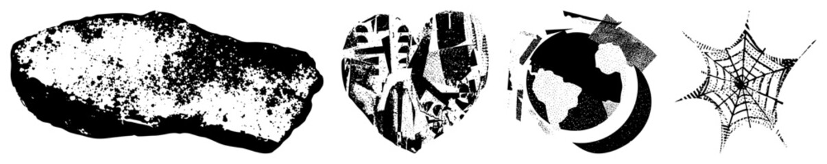 Obraz premium This gritty ink blot collection features a rough stone slab, textured heart, globe fragment, and spider motif. These heavy stipple pieces offer a raw, aesthetic for edgy designs.