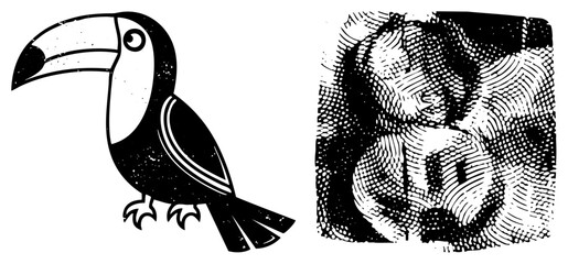 Obraz premium Stylized tropical toucan, often called a beak bird or jungle parrot, features a heavy halftone. This grainy woodcut style captures a wild jungle bird in high contrast black and white.