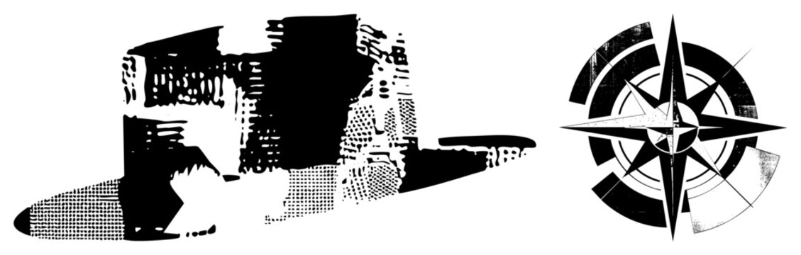 Stylized fedora hat and nautical compass rose featuring heavy halftone textures. This old school headwear and mariner star design uses a high contrast stencil aesthetic for bold impact.