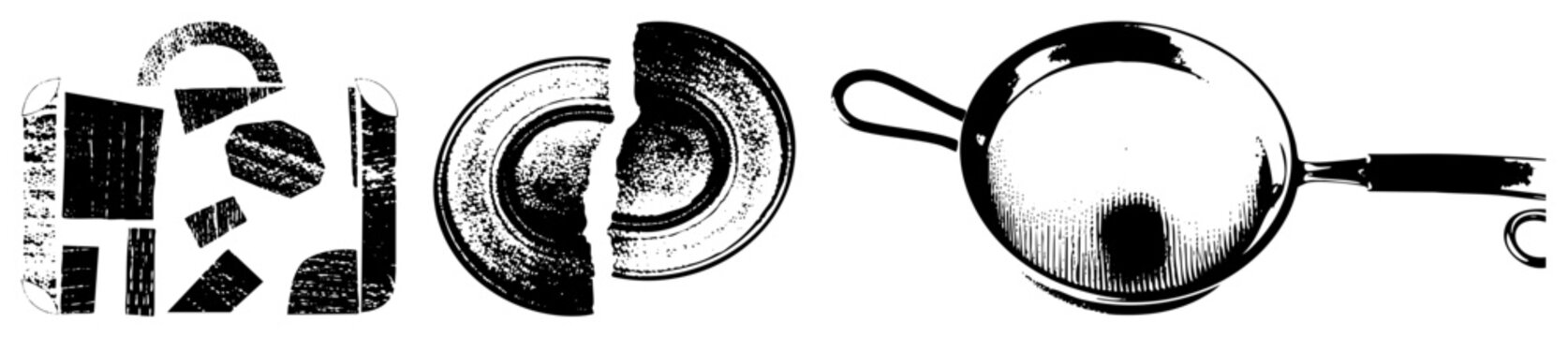Collection of distressed kitchenware featuring a cracked saucer, a sieve, and fragmented shapes. This gritty linocut set includes a broken dish and a mesh strainer with a heavy halftone texture.