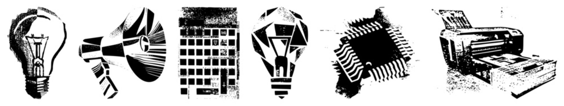 Distressed halftone graphics featuring a glowing lightbulb, megaphone, skyscraper, microchip, and printer. These rough edged tech doodles and gear pieces work well for edgy designs.
