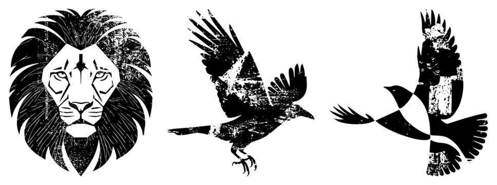 Powerful king of the jungle and dark winged corvids rendered in a gritty stencil style. These fierce motifs and shadow birds feature heavy texture for a raw, weathered aesthetic.