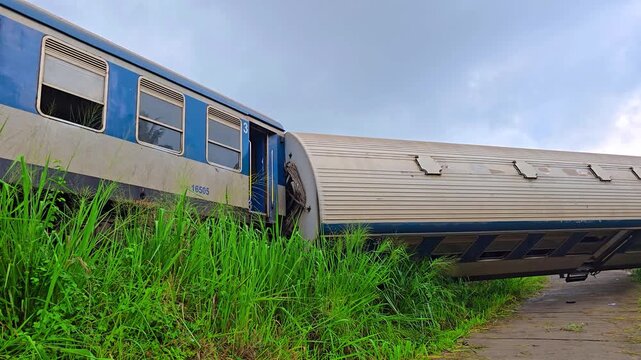 Ground level view of a major passenger train derailment, showing an overturned railway carriage beside the tracks and severe rail infrastructure damage at the accident scene.