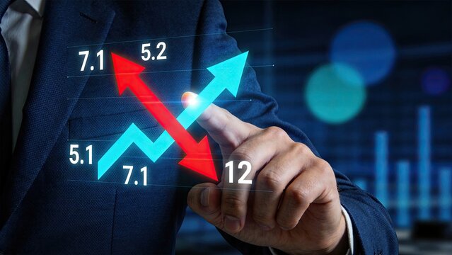 Businessman analyzing financial data trends, holographic chart with rising and falling arrows, economic growth analysis, stock market investment strategy, digital technology