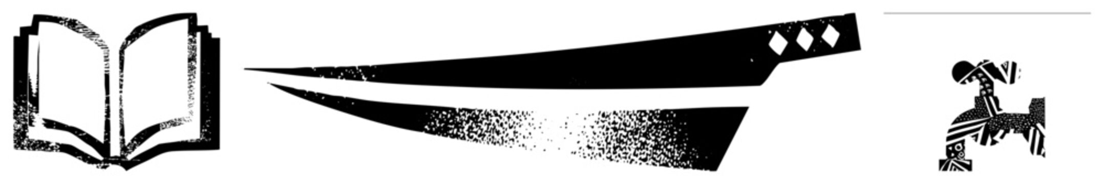 Expressive open tome or book alongside a long kitchen blade, also known as a chefs slicer or butcher knife, rendered in a gritty stencil texture.