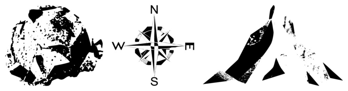 Weathered compass rose sits between rough, jagged shapes. This nautical star and weathered navigator tool is paired with dark, fragmented blotches for a gritty, textured look.