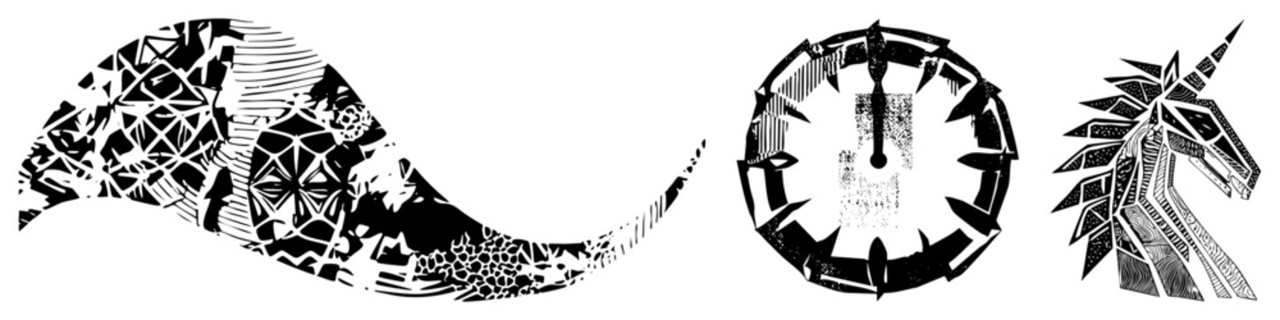 High contrast black and white elements featuring a jagged sea swell, a fractured clock face, and a mythical monocerus head. These stenciled shapes use intricate and distressed textures.
