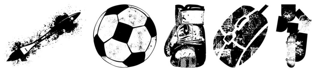 Obraz premium High contrast stencil set featuring a soccer ball, a heavy hitter boxing glove, and a skateboard. This gritty kit includes a paintbrush and street gear for intense athletic designs.