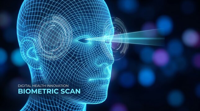 The luminous futuristic grid depiction of a human head engages in a biometric scan, creating an innovative technological display and implying high-tech security systems in digital spaces