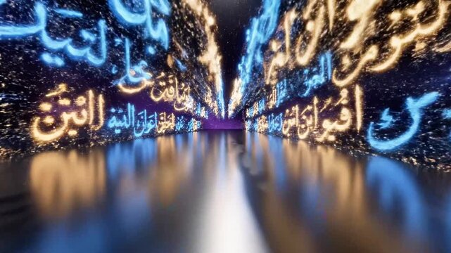A dark tunnel with a reflective floor and ceiling adorned with glowing blue and gold Arabic calligraphy