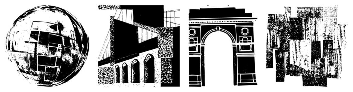 High contrast ink textures featuring a distorted orb, urban, triumphal archway, and fragmented blocks. This gritty montage uses halftone stippling and rough strokes for a raw, street style aes