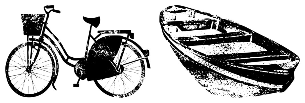 Distressed silhouette of a classic pedal cycle and a tiny skiff, featuring a weathered texture. This old school wheelie and small dinghy set provides a rugged, rustic aesthetic for various designs.