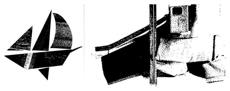 This stylized vessel, a minimalist sloop or sea skimmer, features sharp angular and heavy grain. The graphic uses a bold black and white aesthetic for a modern nautical look.
