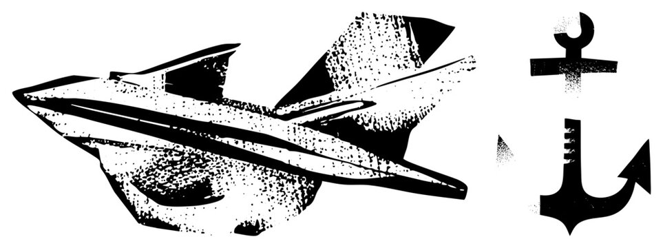 High contrast stencil of a fighter jet, often called a warbird or sky warrior, paired with a heavy maritime anchor. This grunge aesthetic features gritty halftone textures and bold black shapes.