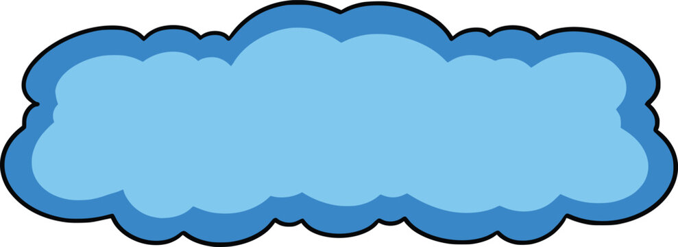 Hand-drawn horizontal blue puffy cloud with layered shading and bold dark outline, isolated on white, playful cartoon illustration for sky, weather, dreamy scenery, and cloud banner designs