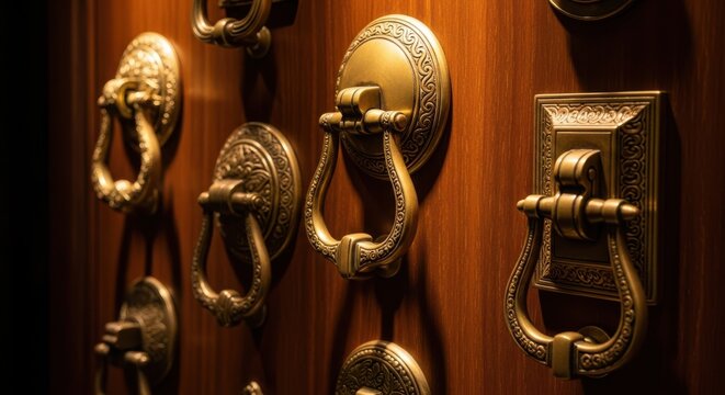 A collection of antique ornate brass door knockers mounted on a wooden surface showcasing intricate detailing