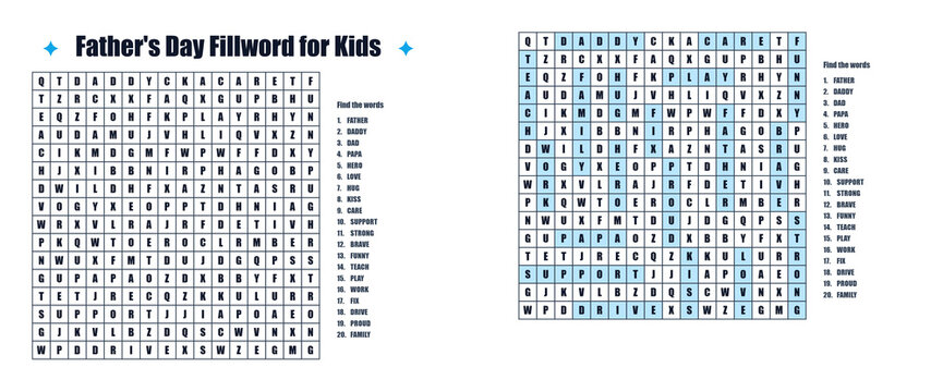Father's Day word search puzzle for kids in bright design  