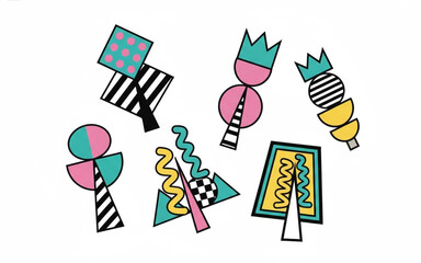 Fototapeta premium Abstract Memphis Style Geometric Shapes and Patterns on White Background, Trendy 80s Retro Design Elements