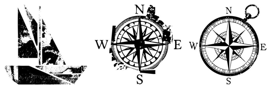 Distressed sailboat silhouette and maritime compass rose collection. This weathered schooner and mariners star feature a heavy grit texture for a rugged seafaring aesthetic.