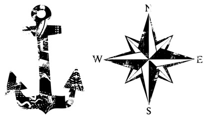 Fototapeta premium Weathered sea anchor and maritime compass rose featuring distressed textures. This salty old iron, maritime, and navigation star set captures a rugged nautical aesthetic.