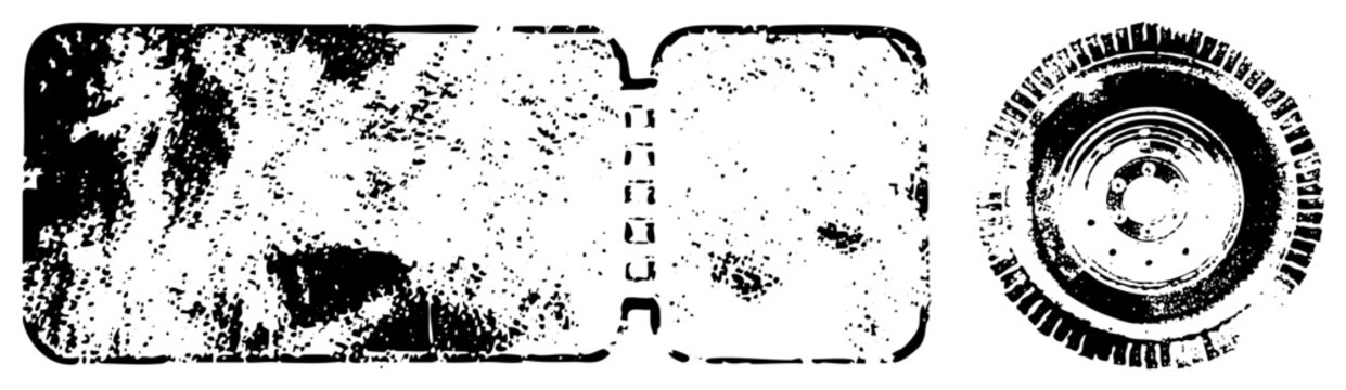 Weathered vehicle tag and old rubber wheel featuring heavy texture. This junker plate and worn tire set showcases a raw, distressed aesthetic perfect for industrial themes.