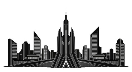Fototapeta premium Futuristic City Skyline Silhouette with Geometric Skyscrapers