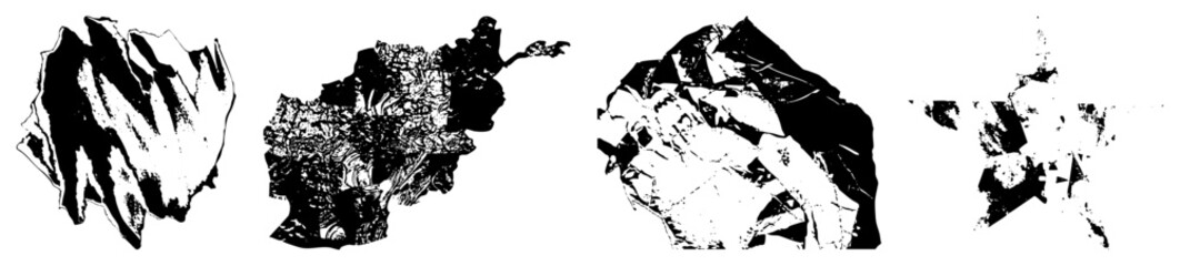 Fototapeta premium This collection of gritty ink blots and messy splatter shapes features rough textures. These raw art fragments and dark blotches create a striking visual impact for edgy design projects.