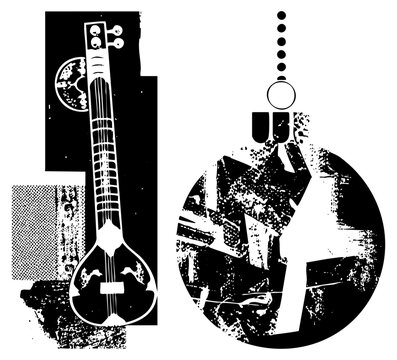 Edgy composition featuring a distressed lute against a textured orb and geometric halftone. This stencil style artwork uses high contrast shapes and a vintage aesthetic.