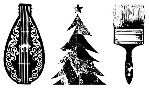 Gritty collection featuring a mandolin, a textured fir, and a messy paintbrush. This stencil set includes a folk lute, a pine evergreen, and a coarse brush tool.