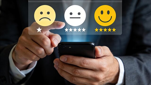 Businessman rating customer service, selecting one star on smartphone screen, negative feedback concept, client satisfaction survey, bad experience review, mobile app interface