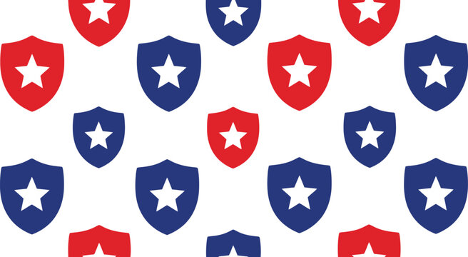 Patriotic theme seamless pattern with red and blue shield icons and white stars