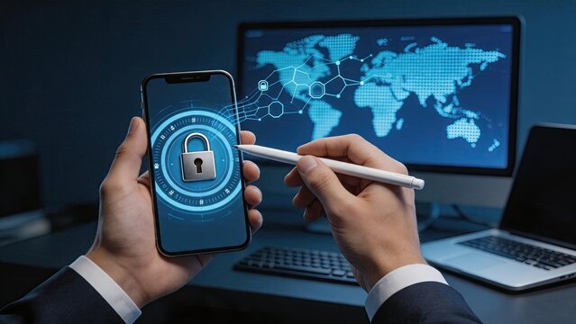 Cybersecurity lock on mobile phone with world map network background, digital security protection concept, data privacy encryption firewall antivirus software safeguarding