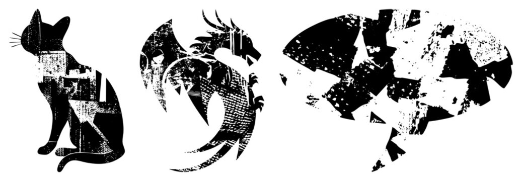 This collection features a mouser and a mythical wyrm rendered in a distressed texture. These gritty silhouettes provide a sharp, stencil like aesthetic for creative projects.