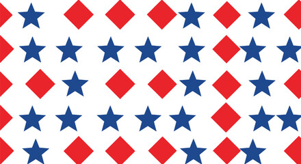 Fototapeta premium Patriotic theme seamless pattern with blue stars and red diamonds on white background