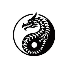 Fototapeta premium Stylized black and white dragon intertwined with a Yin Yang symbol, representing balance and duality.
