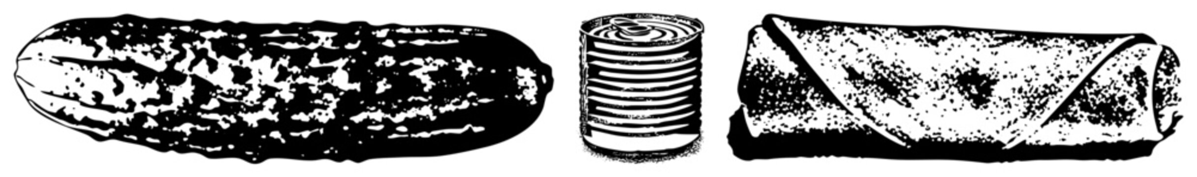 Hand drawn stencil elements featuring a crunchy, a small food tin, and a folded snack wrap. This gritty snack pack set includes a salty pickle and canned goods for textured designs.